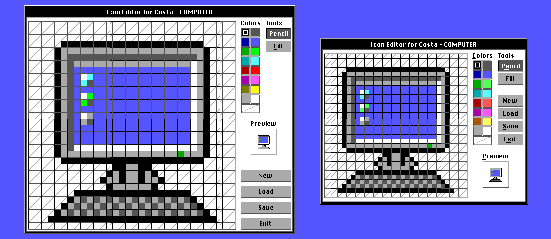 The icon editor in VGA and EGA resolution