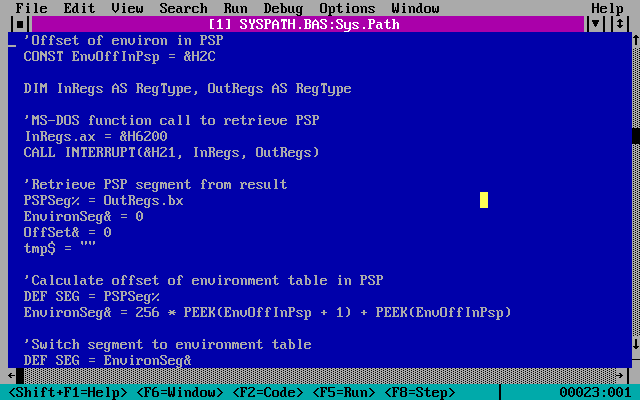 The Visual Basic for DOS editor, showing part of the code to retrieve the Program Segment Prefix location