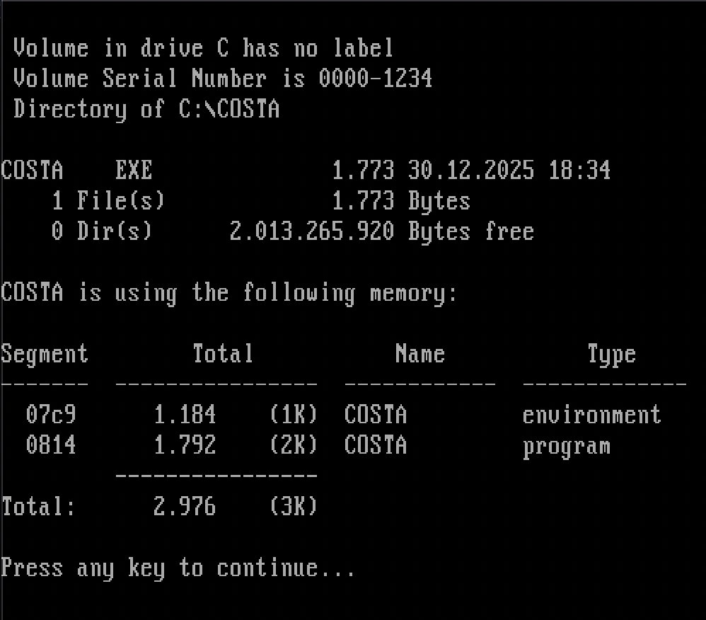 Screenshot of new COSTA.EXE size on disk and in memory