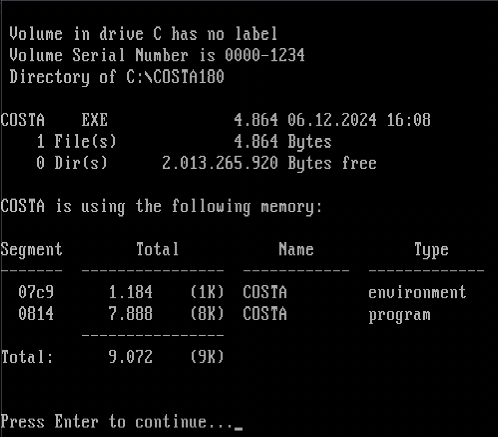 Screenshot of old COSTA.EXE size on disk and in memory